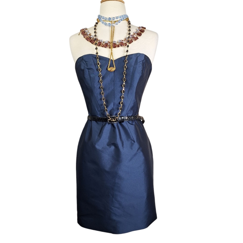 Monique Lhuillier Bridesmaids Strapless Mini Dress Sz 0 XS Blue Corset Bodice